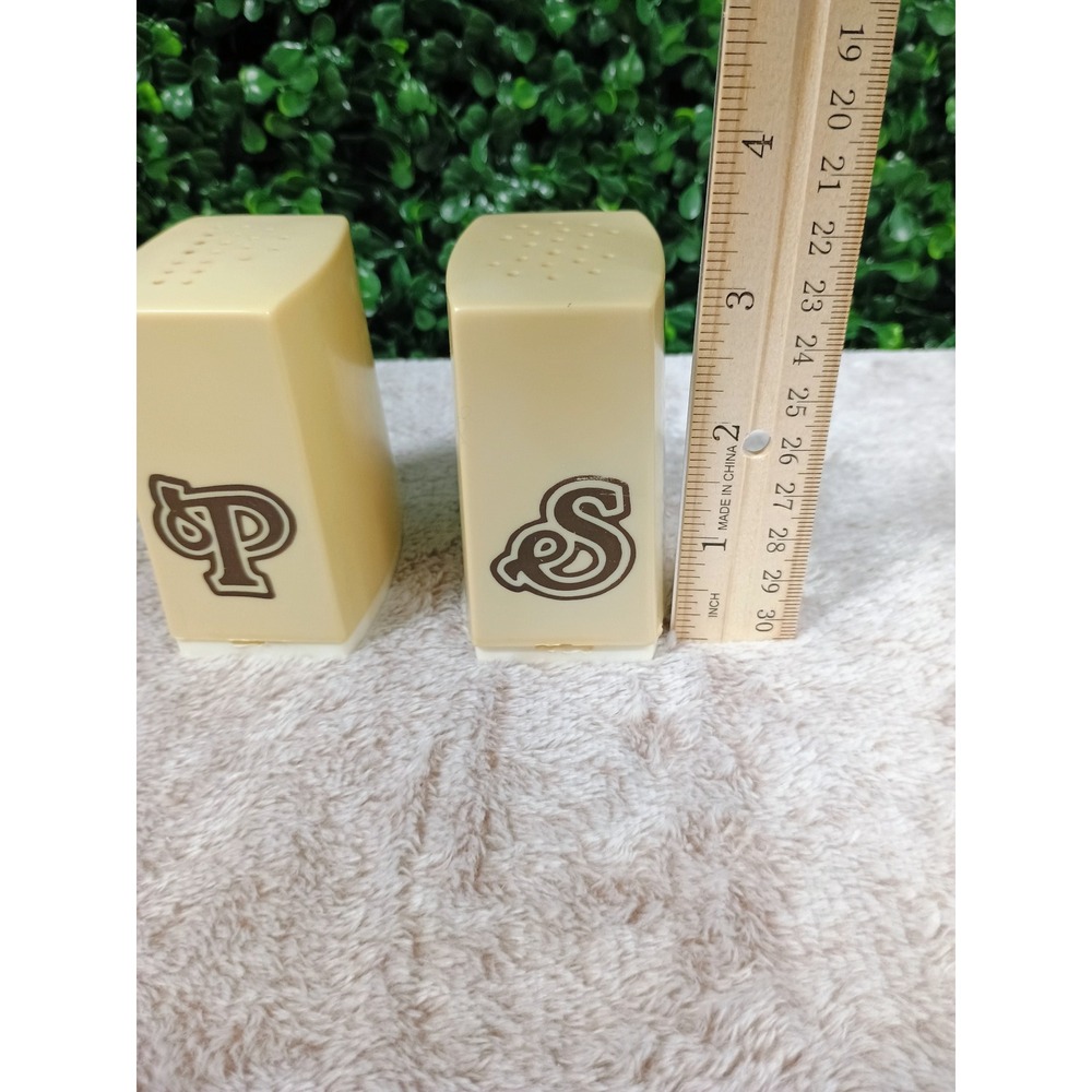 Vintage Cream Plastic Salt and Pepper Shakers Set Retro Brown Lettering MCM